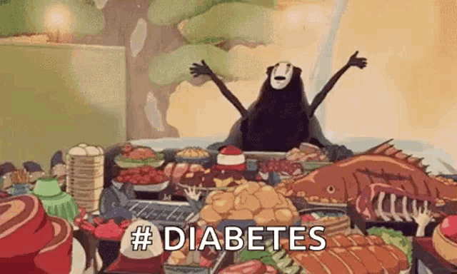 a cartoon character is standing in front of a table filled with food and says `` diabetes '' .