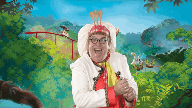 a man in a chef 's hat stands in front of a cartoon scene