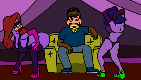 a cartoon of a man sitting on a couch with two women dancing in front of him