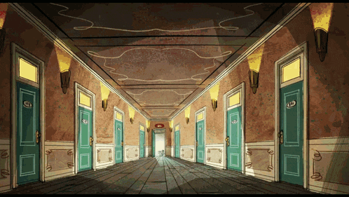 an illustration of a hallway with green doors and a red sign that says ' a ' on it