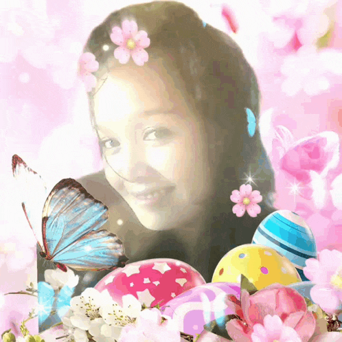 a girl surrounded by flowers and easter eggs