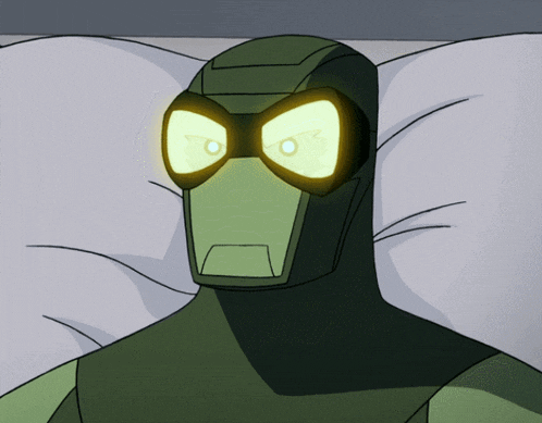 a cartoon character is laying on a bed with his eyes lit up