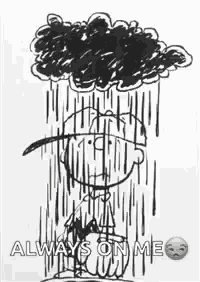 a black and white drawing of snoopy in the rain with the words `` always on me '' written below it .