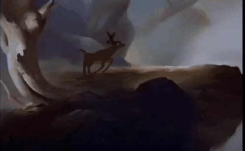 a painting of a deer standing next to a tree trunk .
