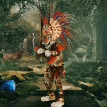 a cartoon character in a colorful costume is dancing in the jungle .