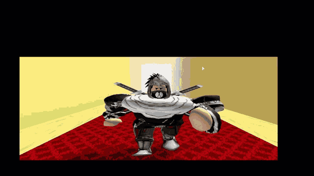 a cartoon character with a beard is standing on a red rug