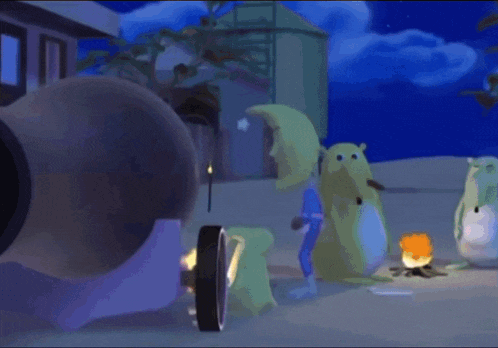 a group of cartoon characters are standing in front of a cannon