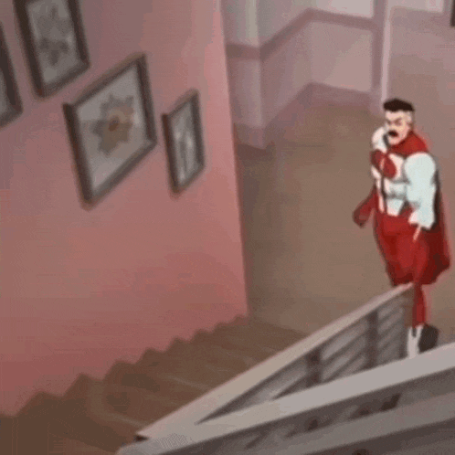 a cartoon character in a red superhero costume is standing on top of a set of stairs .