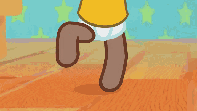 a cartoon of a baby in a diaper standing on a wood floor