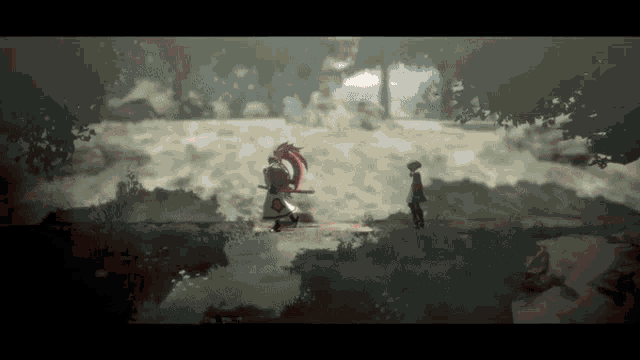 a video game scene with a samurai and a man standing next to each other