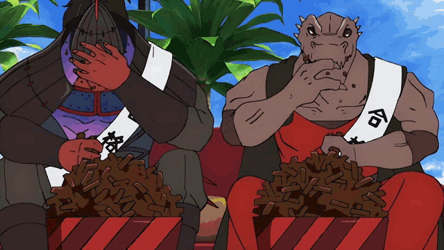 a cartoon drawing of two monsters with one wearing a sash that says kc