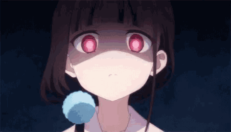 a girl with red eyes and a blue flower in her hair