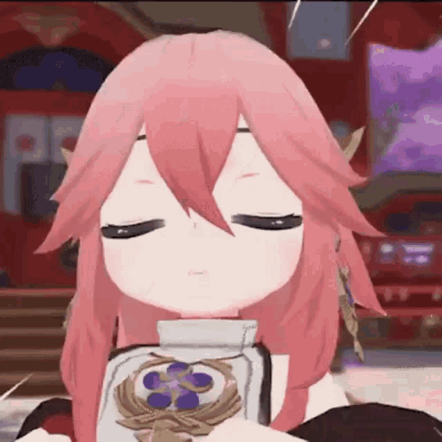 a girl with pink hair is holding a jar with a flower on it in her hands .