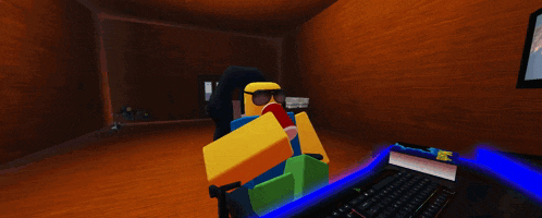 a roblox character is sitting at a desk drinking a soda