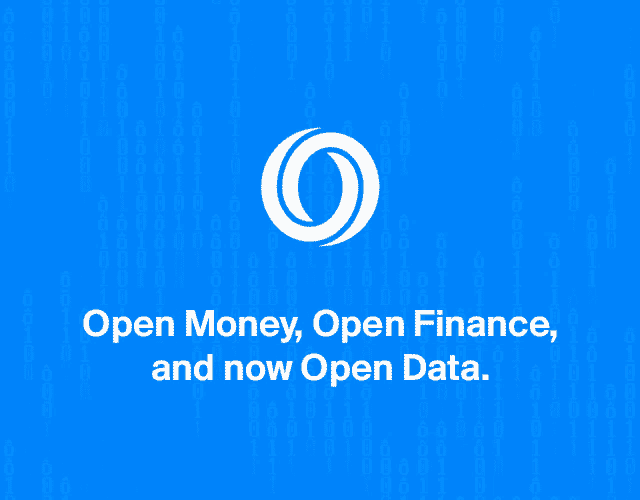 a blue background with a white circle and the words open money open finance and now open data