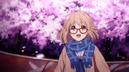 a girl wearing glasses and a scarf is standing in front of a tree with cherry blossoms .