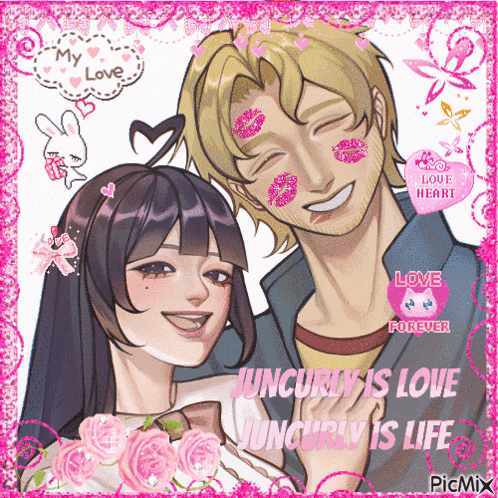 a picture of a man and a woman with the words " love forever " on the bottom