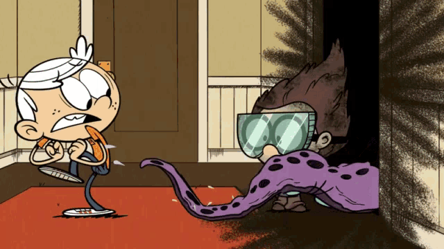 a cartoon of lincoln loud standing next to a monster