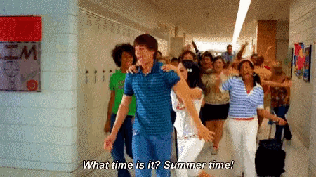 a group of people walking down a hallway with the words " what time is it ? summer time "
