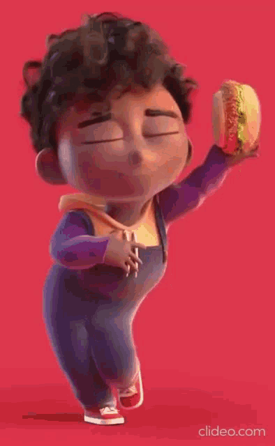 a cartoon character is holding a hamburger in his hand and dancing .