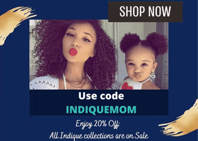 a poster that says shop now and shows a woman and child