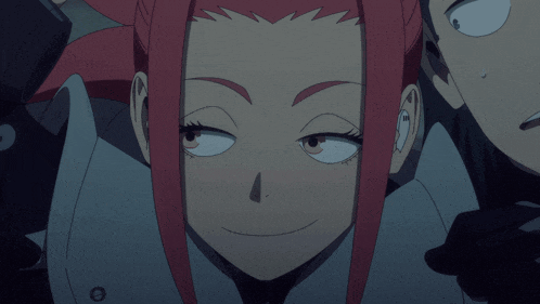 a cartoon character with red hair is smiling and looking at something