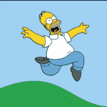 a cartoon of homer simpson running on a grassy field