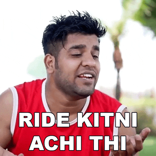 a man in a red tank top with the words ride kitni achi thi written on it