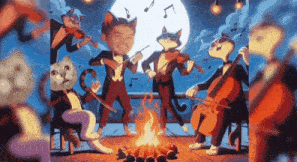 a group of cats are playing violins and cello around a campfire .