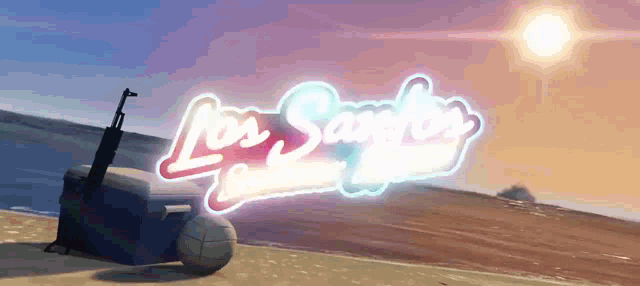 a neon sign for los santos is lit up on a beach