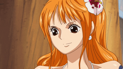a close up of a girl with orange hair and a flower in her hair