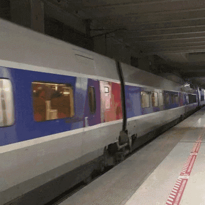 a blue and purple train is pulling up to a station