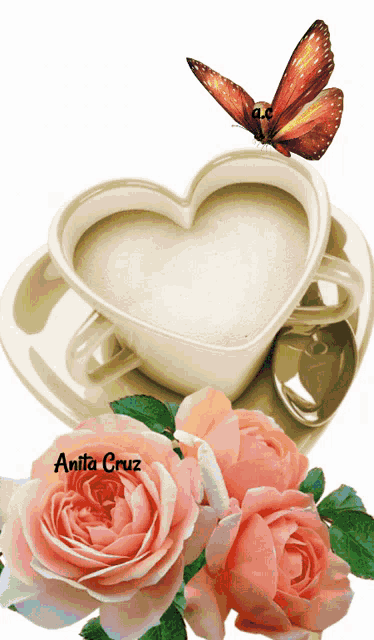 a cup of coffee in the shape of a heart with a butterfly on it