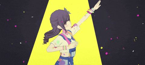 two anime girls are dancing in front of a yellow background .