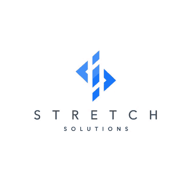 a logo for stretch solutions with a blue arrow pointing to the right