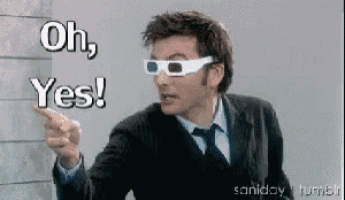 a man wearing 3d glasses is pointing at something and says oh yes