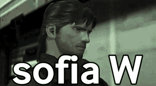 a man with a beard is standing next to the word sofia w