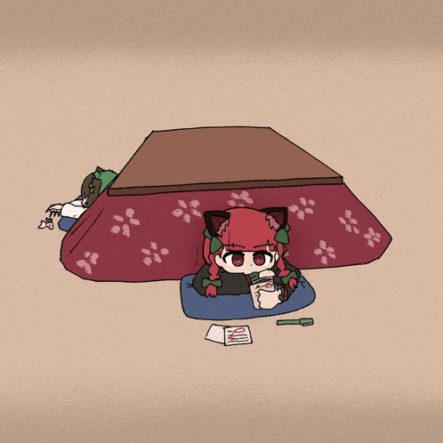 a drawing of a cat and a bird under a blanket with chinese characters