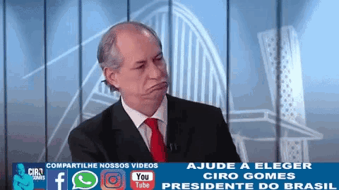 a man in a suit and tie is making a funny face in front of a screen that says ajuda a eleger