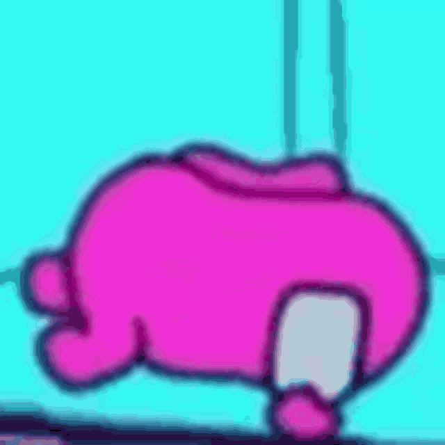 a pink cartoon character is laying down on its back on a blue background .