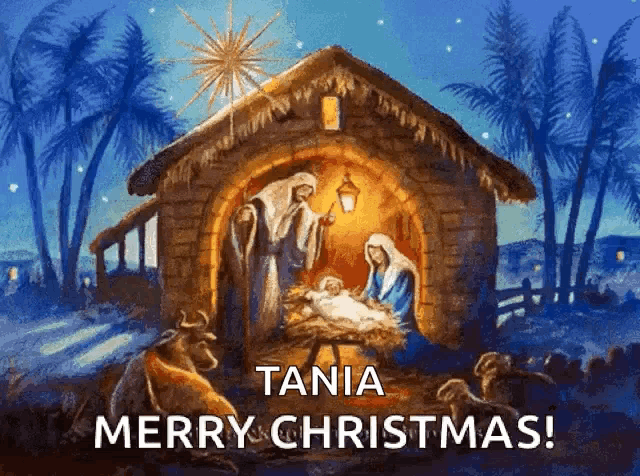 a painting of a nativity scene with the words merry christmas