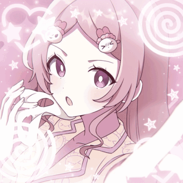 a girl with pink hair and purple eyes is surrounded by stars and hearts