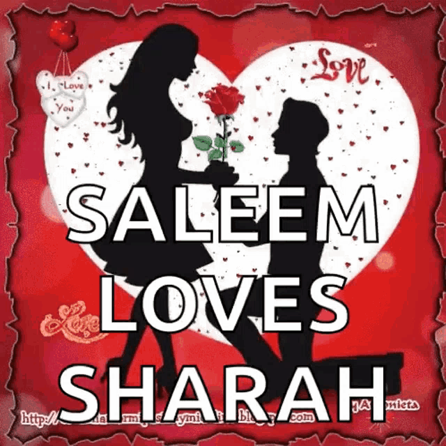 a picture of a man kneeling down giving a rose to a woman with the name saleem loves sharah