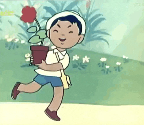 a cartoon boy is holding a potted plant and smiling