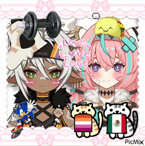 a picture of two anime girls with a taco on their head and a sonic the hedgehog holding a dumbbell