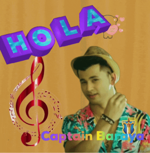 a man wearing a straw hat and a colorful shirt is standing in front of a sign that says hola captain banda