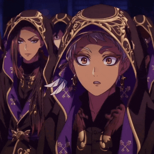 a group of anime characters wearing purple and black robes