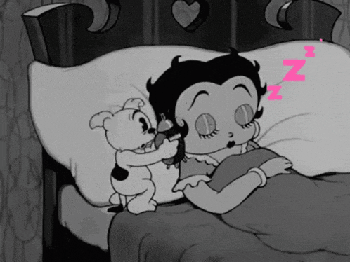a black and white cartoon of betty boop sleeping with a dog