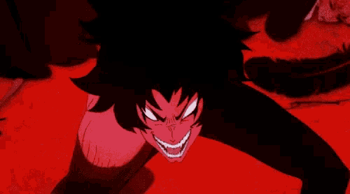 a cartoon character with black hair and red eyes is standing on a red background .