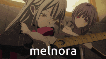 a girl playing a guitar next to another girl with melnora written on the bottom